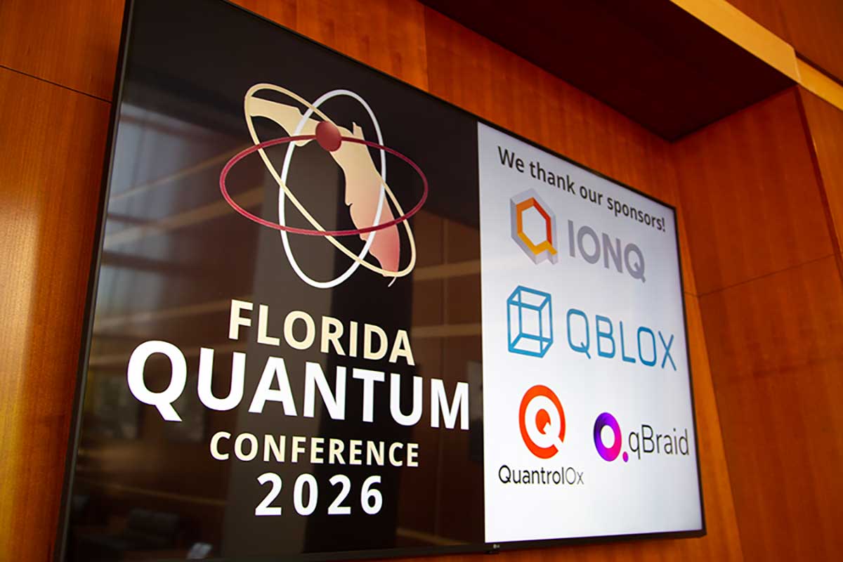 Digital screen with Florida Quantum Conference 2026 logo displayed