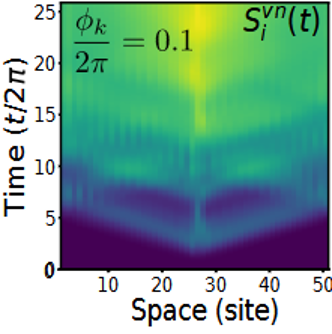 Space-time plot showing how entanglement entropy grows across a driven spin-1/2 chain, with a V-shaped pattern spreading outward from the central site