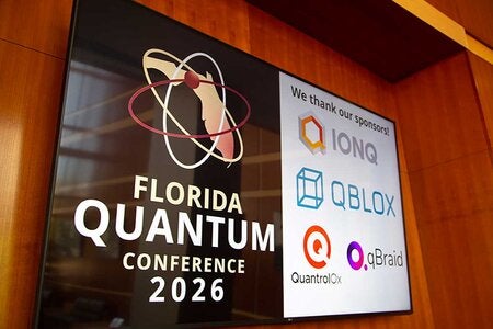 Digital screen with Florida Quantum Conference 2026 logo displayed